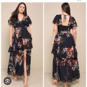 NWT Midnight Mood Navy Blue Floral Print Tiered Maxi Dress